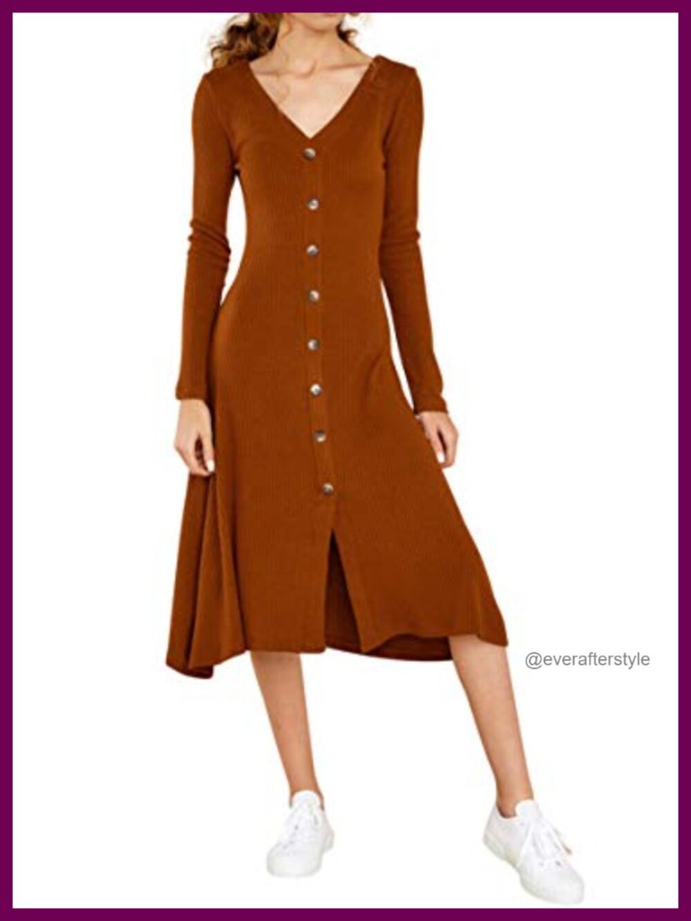 R.Vivimos Knit Sweater Midi Dress Button Down V-Neck Long Sleeve